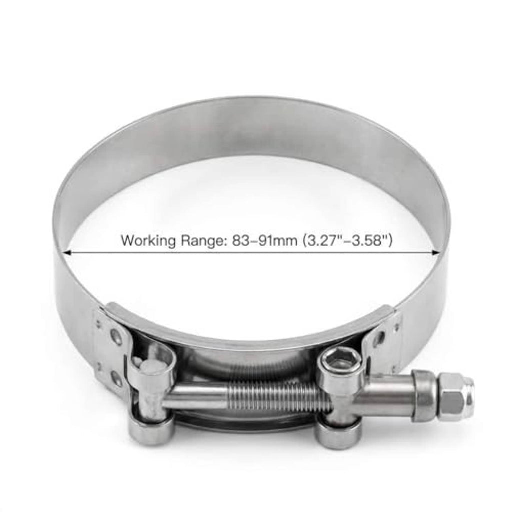 3 in stainless T-bolt hose clamp with 83–91 mm working range, close-up band and screw