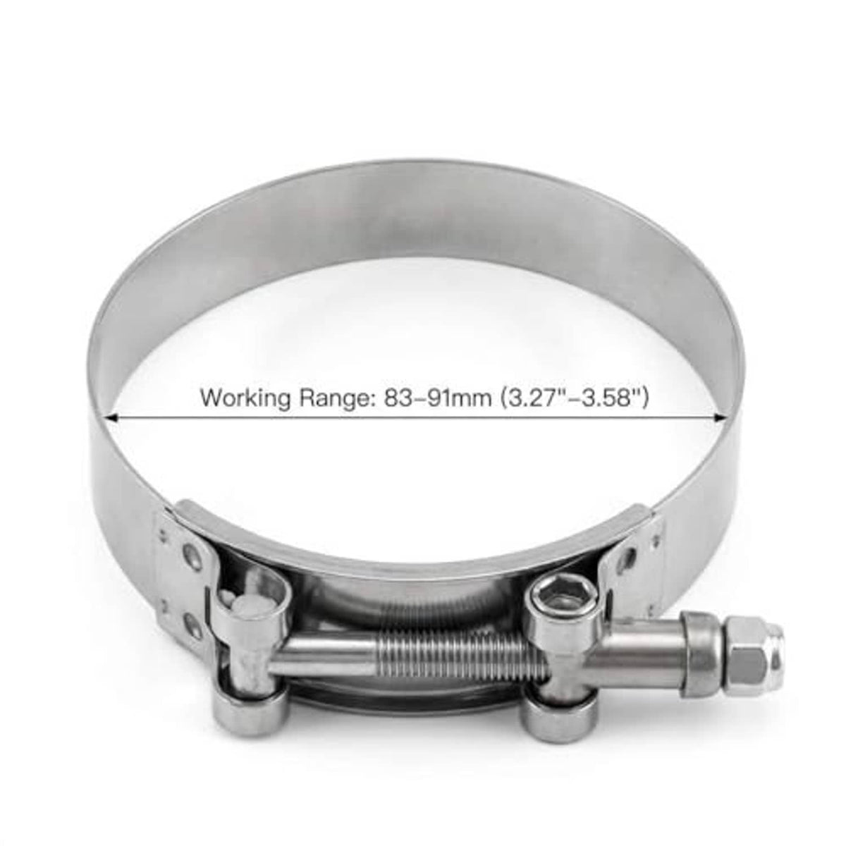 3 in stainless T-bolt hose clamp with 83–91 mm working range, close-up band and screw