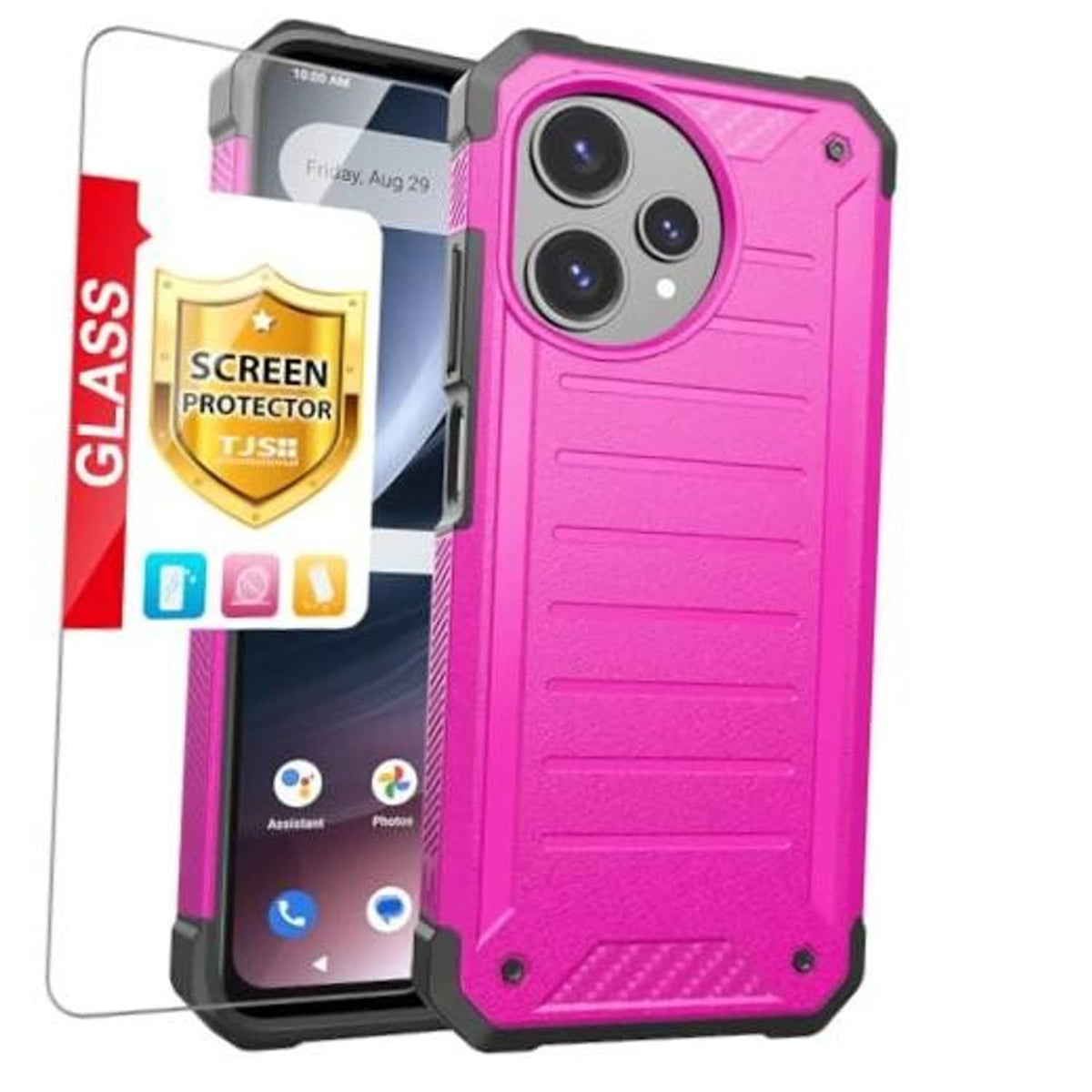 Pink rugged phone case with triple camera cutout and raised edges