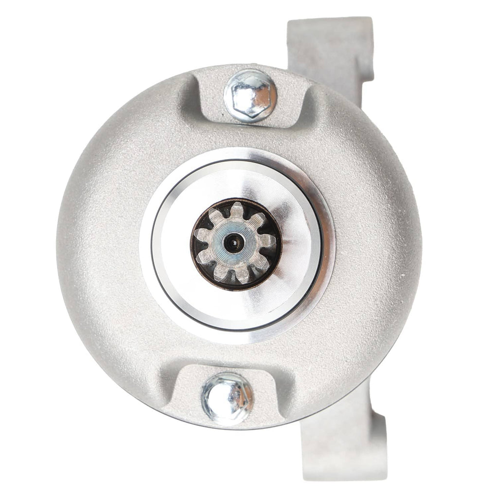 Starter motor rear end view with circular plate, gear-like insert, and two mounting bolts