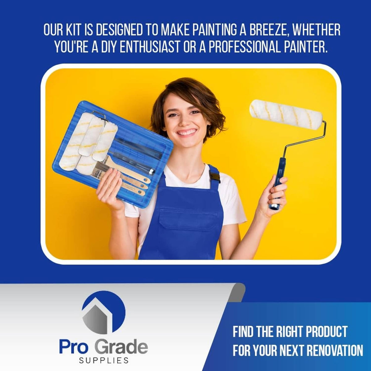 Paint roller kit with roller covers and brush set held with a blue tray.