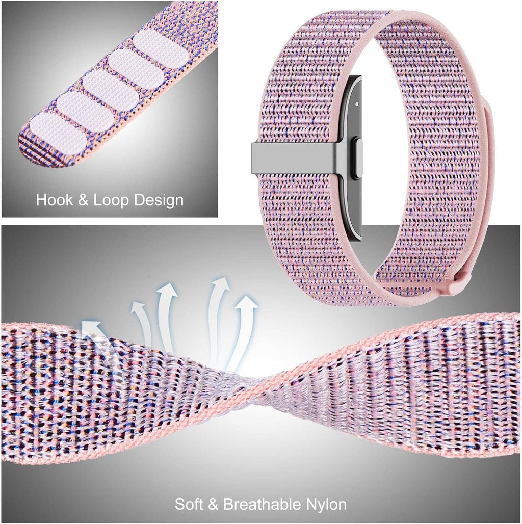 Pink and purple woven nylon loop band with hook-and-loop end and gray clasp