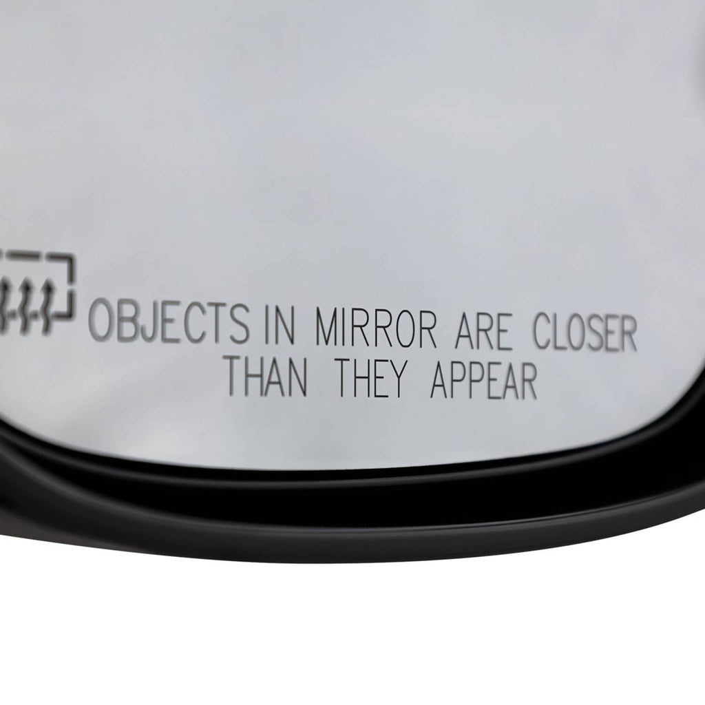 Passenger side heated mirror edge with black bezel and tinted glass