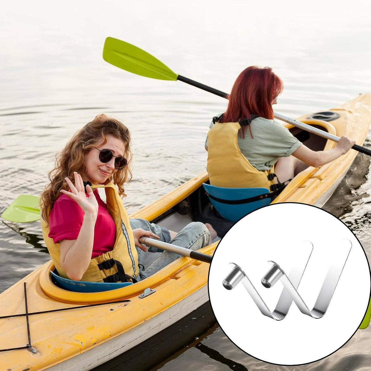 Stainless steel spring snap tent pole clips, U-shaped set of 3 shown inset