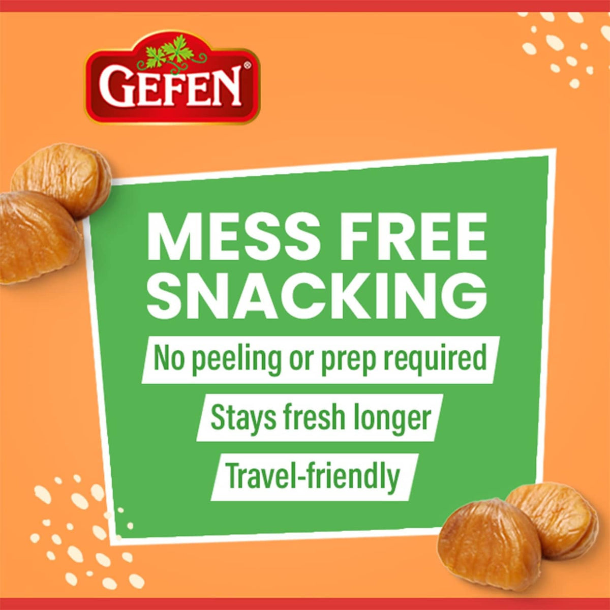Roasted organic chestnuts package with mess-free snacking label and whole chestnuts
