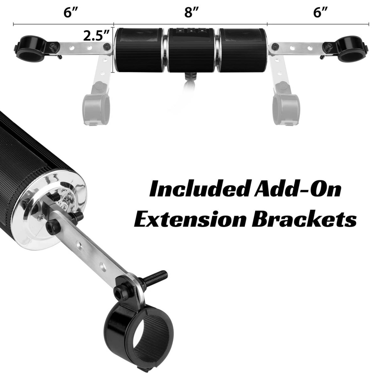 Motorcycle speaker with included extension brackets and mounting clamp for 7/8–1