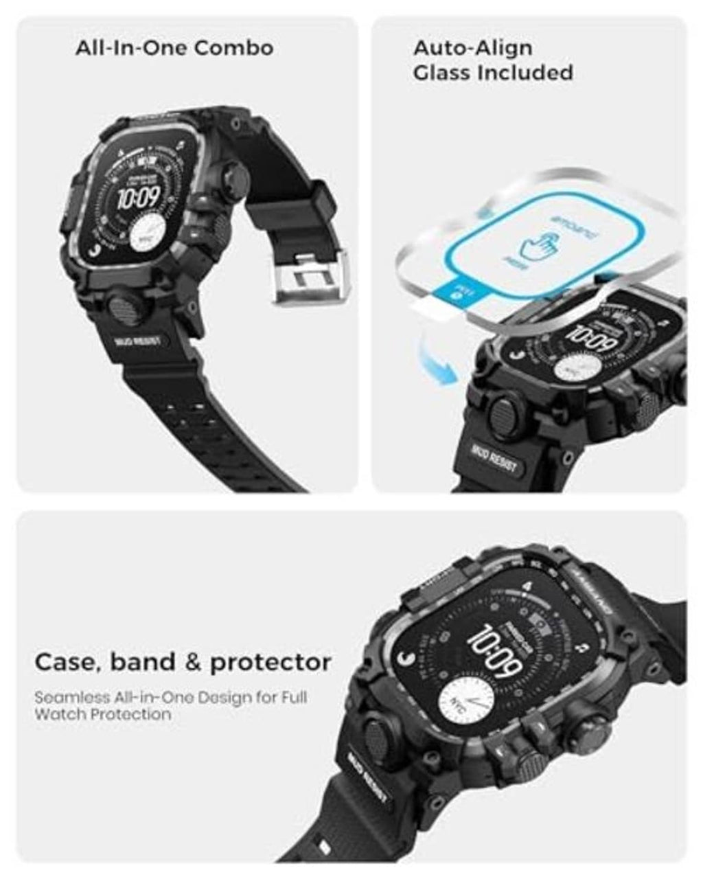 Rugged watch case and band kit with auto-align glass screen protector included