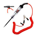 Digital LED automotive circuit tester with probe, red coiled cable, and alligator clamps