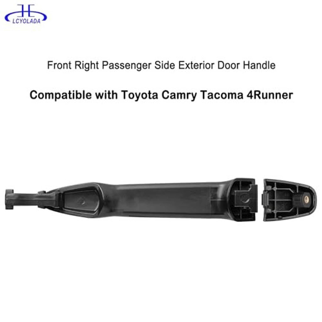 Front exterior door handle with inner mounting bracket and latch opening, black