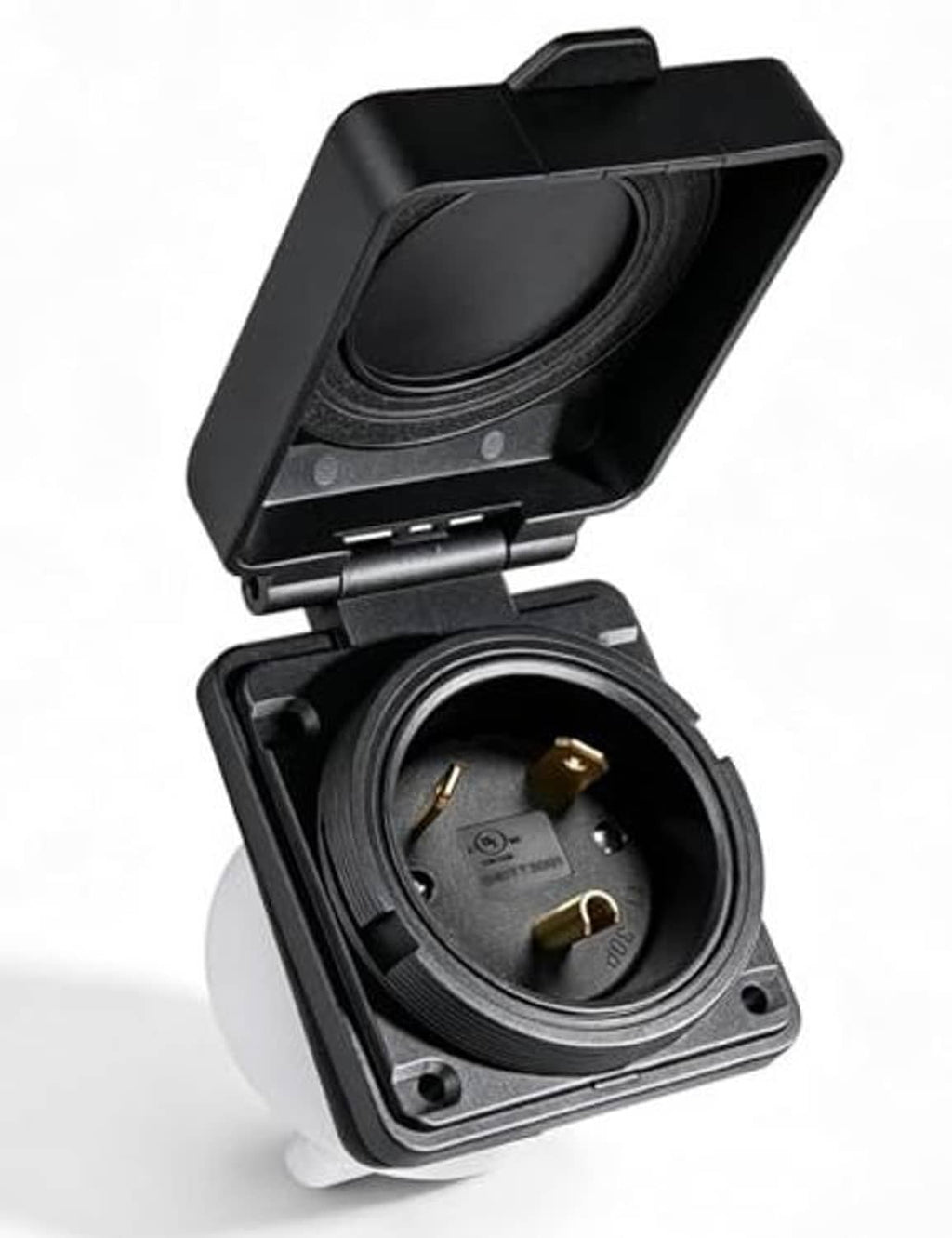 TT-30P RV power inlet plug with black cover open, showing gold contacts.