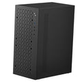 Black mini PC case back view with perforated ventilation and screw points