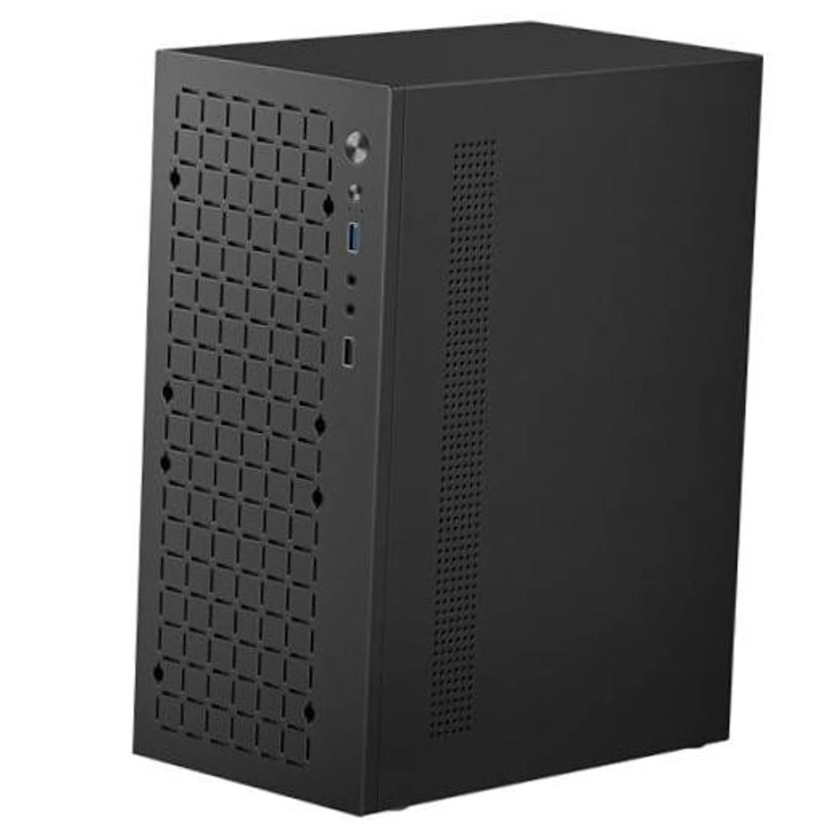 Black mini PC case back view with perforated ventilation and screw points