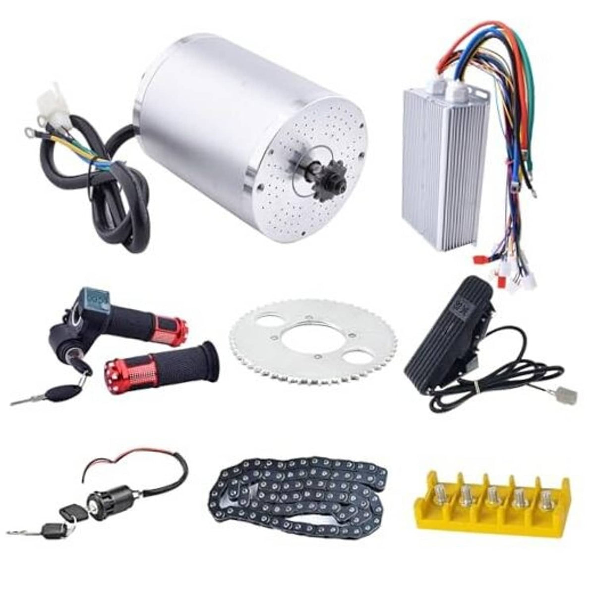 Electric brushless DC motor kit with silver motor, controller, wiring, and accessories set