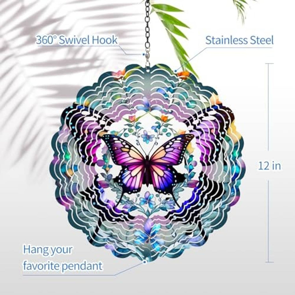 Hanging butterfly wind spinner with 360 swivel hook and multicolor iridescent metal