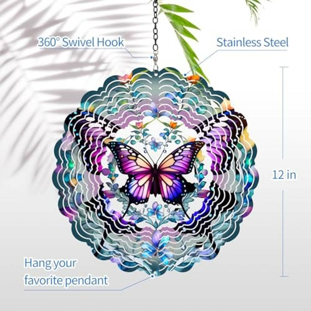 Hanging butterfly wind spinner with 360 swivel hook and multicolor iridescent metal