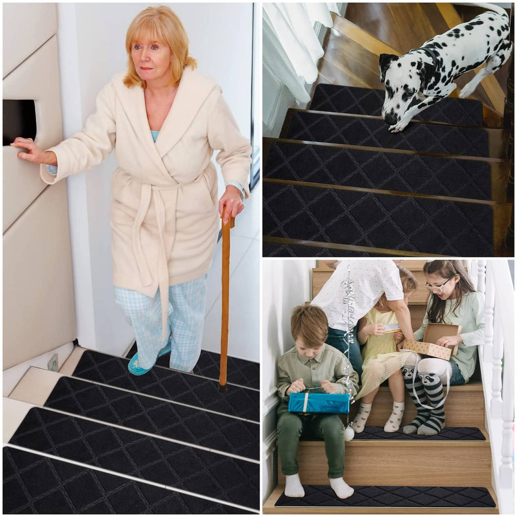 Black carpet stair treads with diamond pattern on stairs for family use