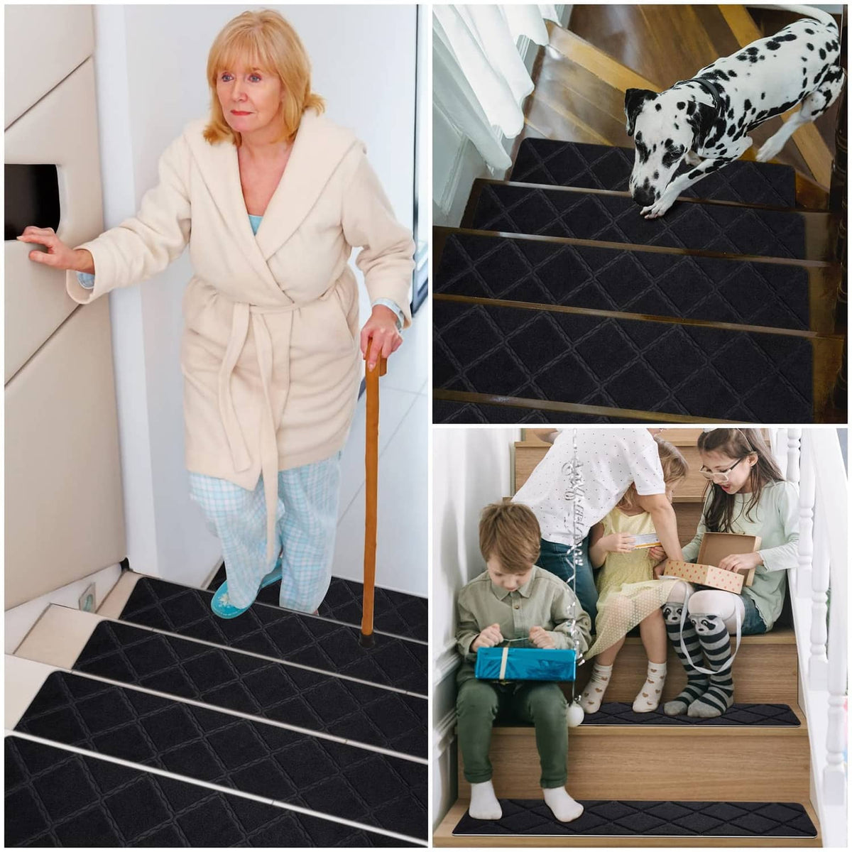 Black carpet stair treads with diamond pattern on stairs for family use