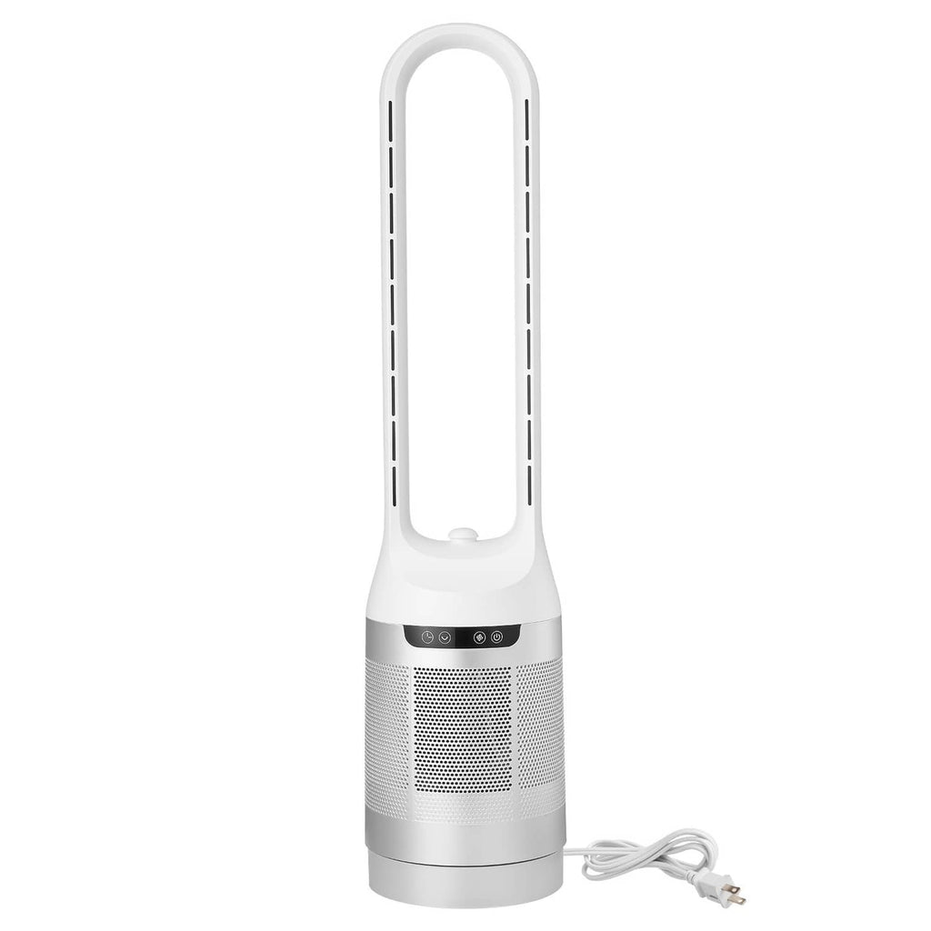 White bladeless tower fan with base and power cord