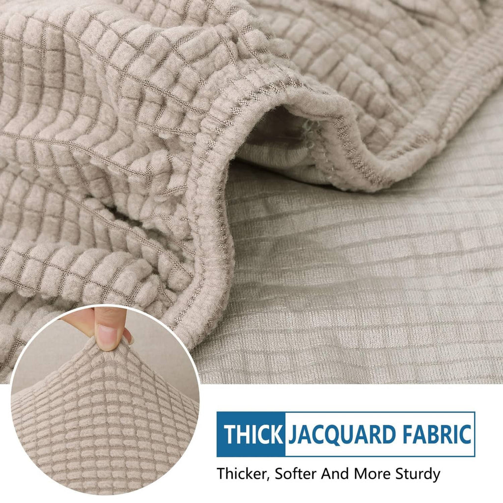 Taupe jacquard cushion cover fabric with thick quilted texture and stitched seam