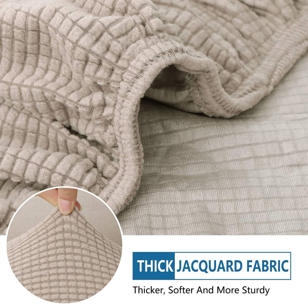 Taupe jacquard cushion cover fabric with thick quilted texture and stitched seam