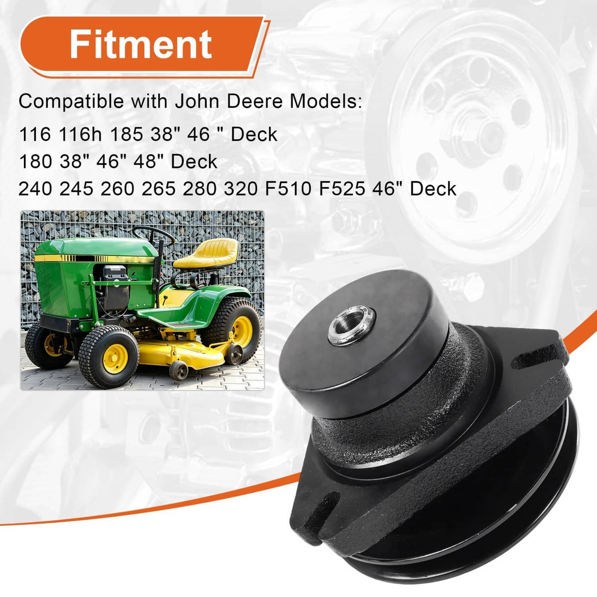 Lawn mower deck spindle assembly with black housing, mounting bolt, and washer