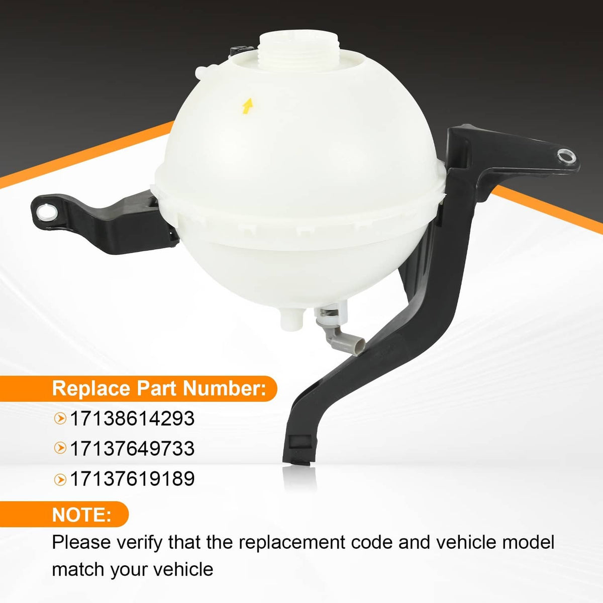 Coolant expansion tank with sensor, close-up view of white reservoir and black straps