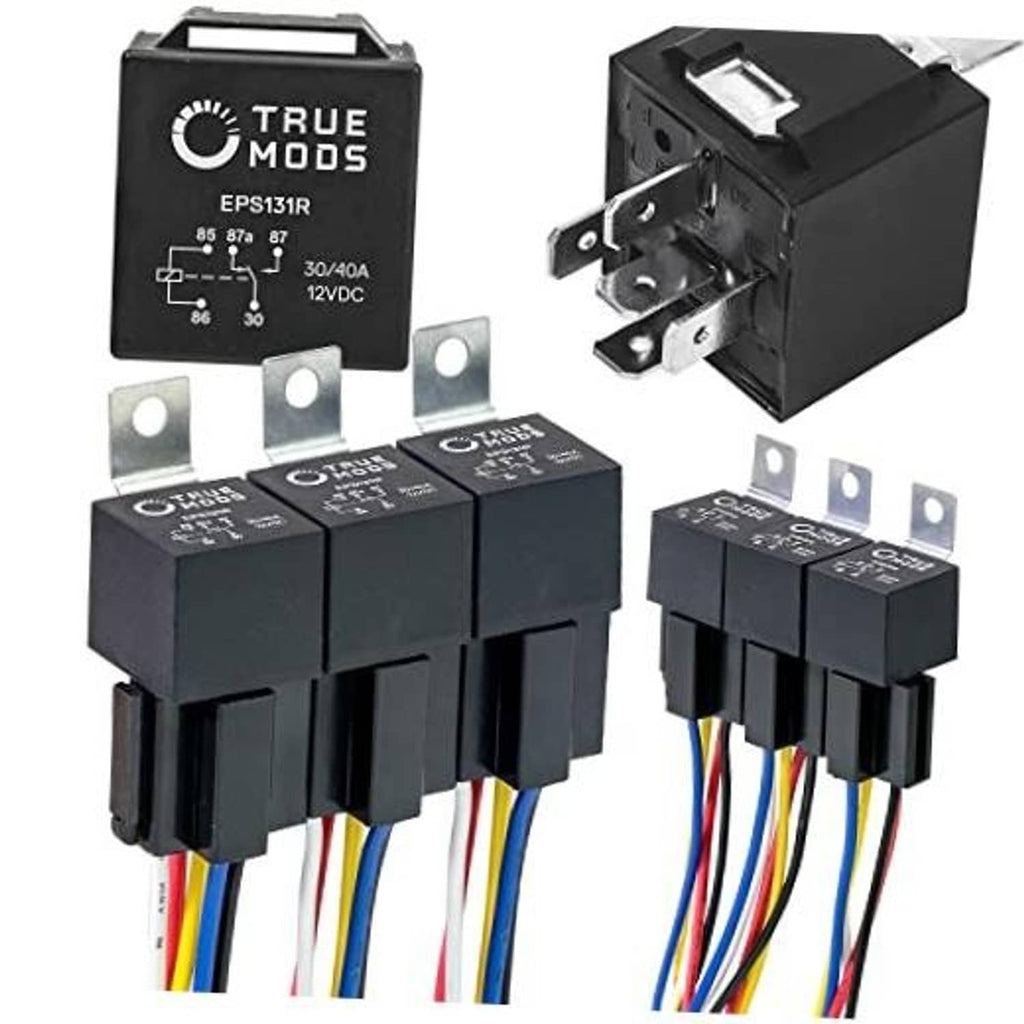 Black 12V relay module kit with pin sockets and colored wire leads
