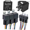 Black 12V relay module kit with pin sockets and colored wire leads