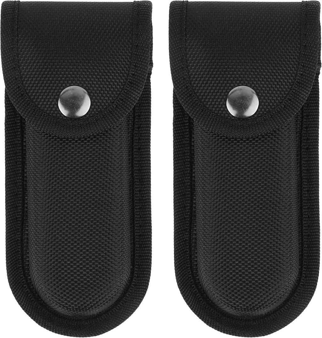 Black nylon pocket knife sheath holders with snap button closure, front view pair.