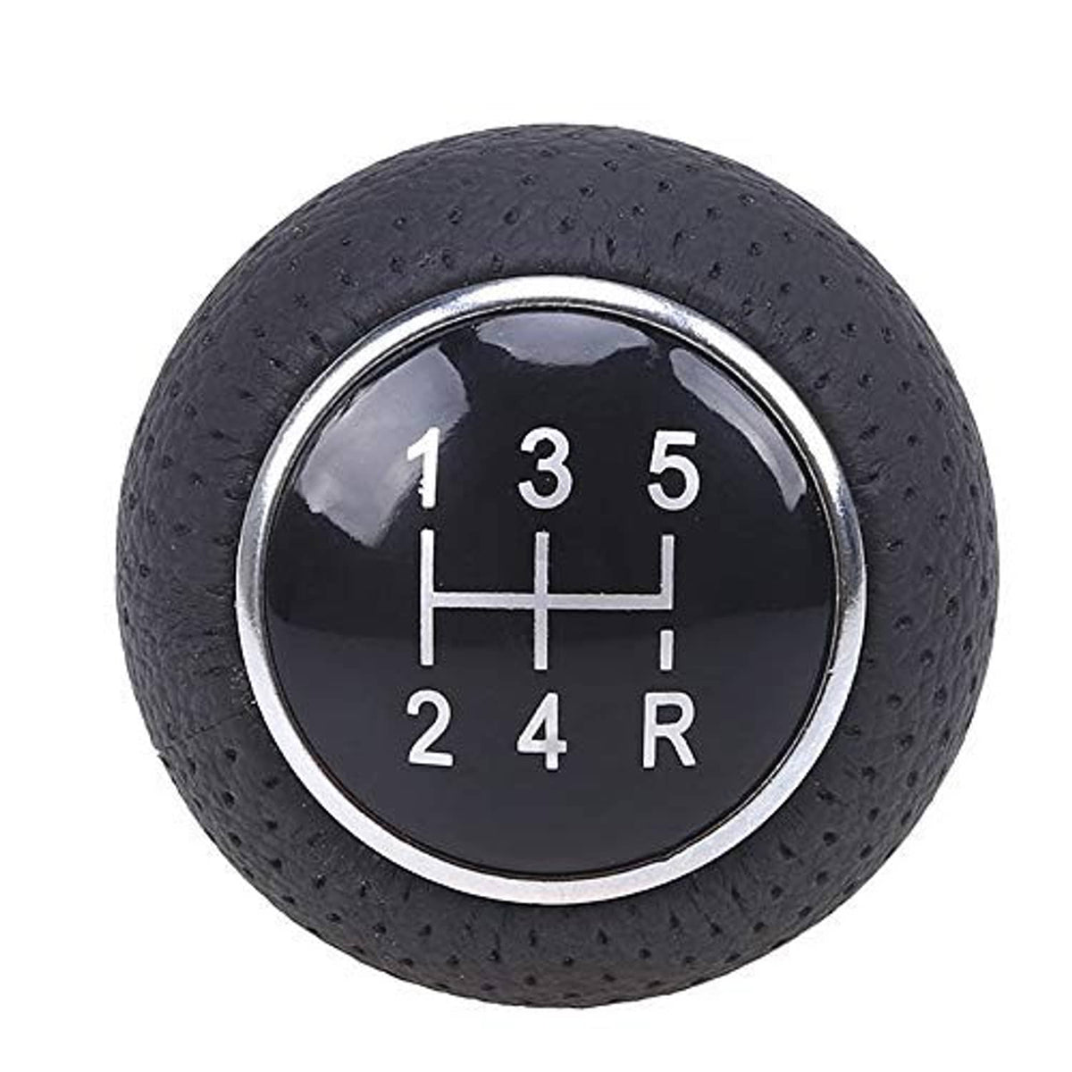 Close-up of 5-speed gear shift knob top with black dial showing numbers 1–5 and R