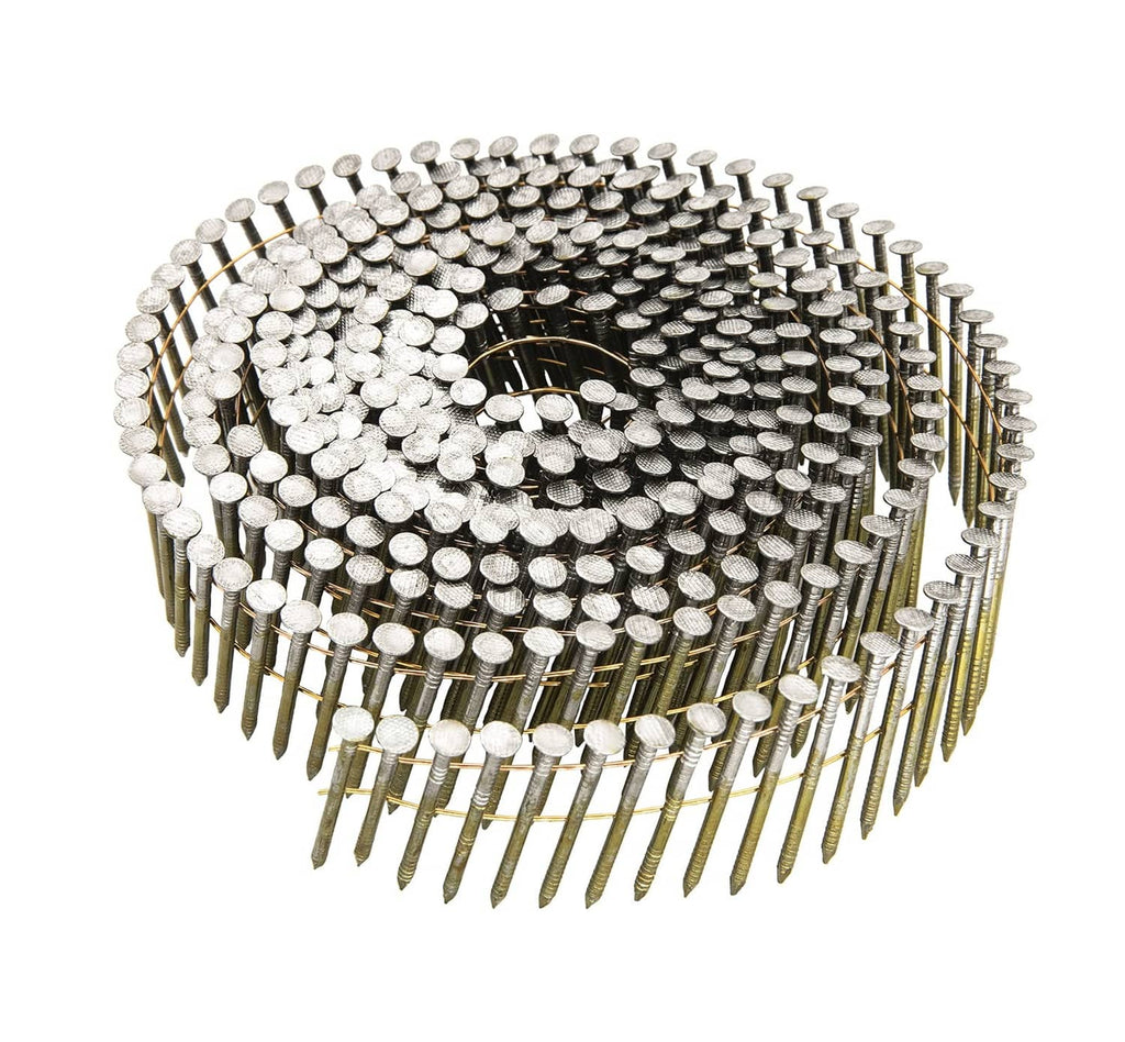 Collated siding nails wire coil, galvanized silver and gold, round heads and ring shanks