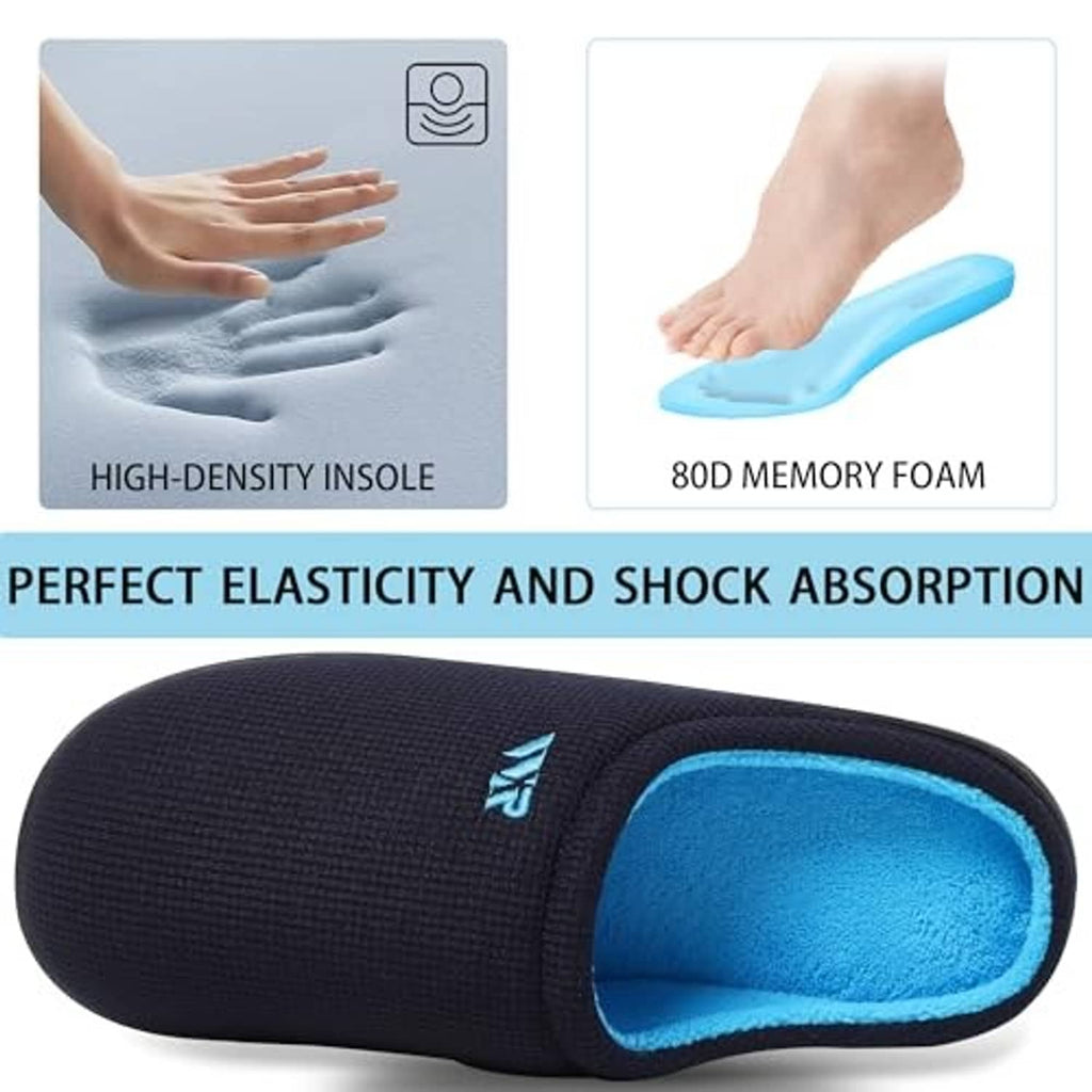 Navy slipper with blue interior lining and cushioned insole opening