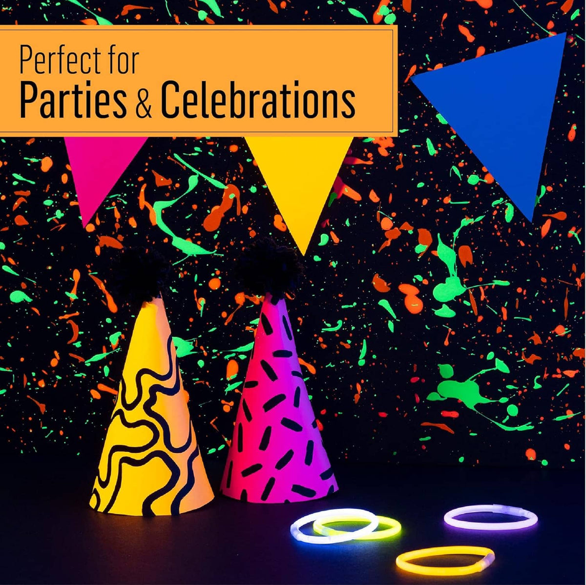 Neon glow party craft cones and glowing bracelets on a dark surface