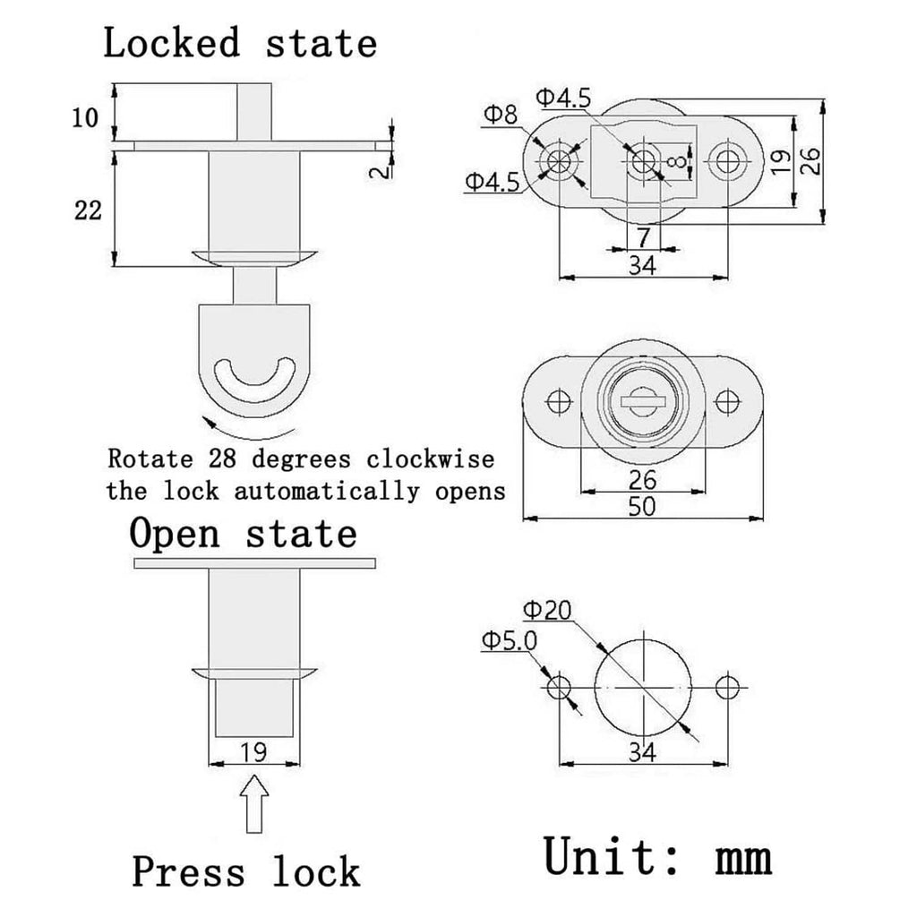 Push lock diagram showing locked/open states and key dimensions in mm