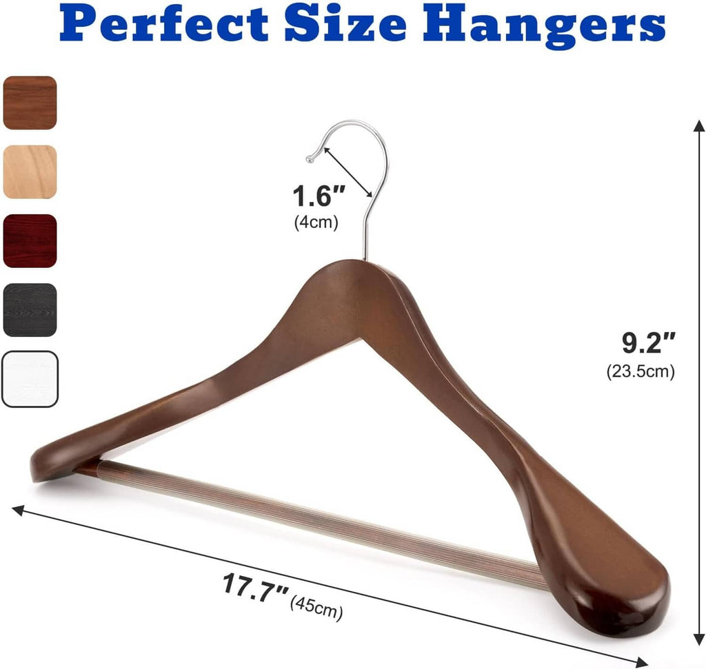 Brown wooden suit hanger with wide shoulders, smooth curved arms, S-shaped hook