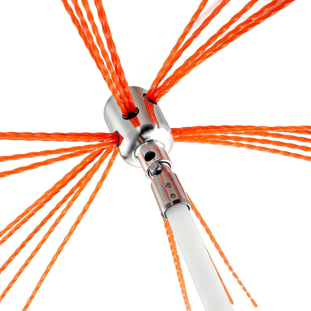 Chimney cleaning brush with orange bristles and extendable handle for vent scrubbing