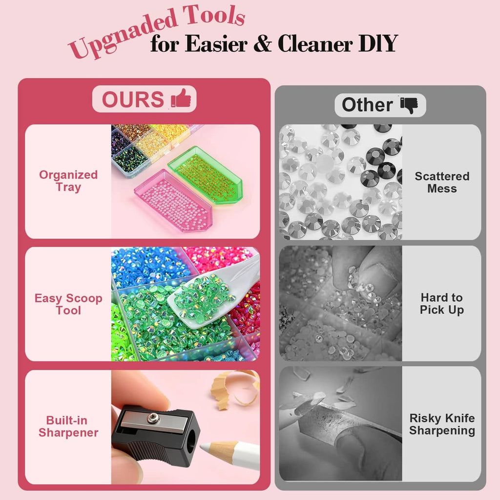 Resin jelly rhinestones in assorted colors, arranged in sorting tray compartments