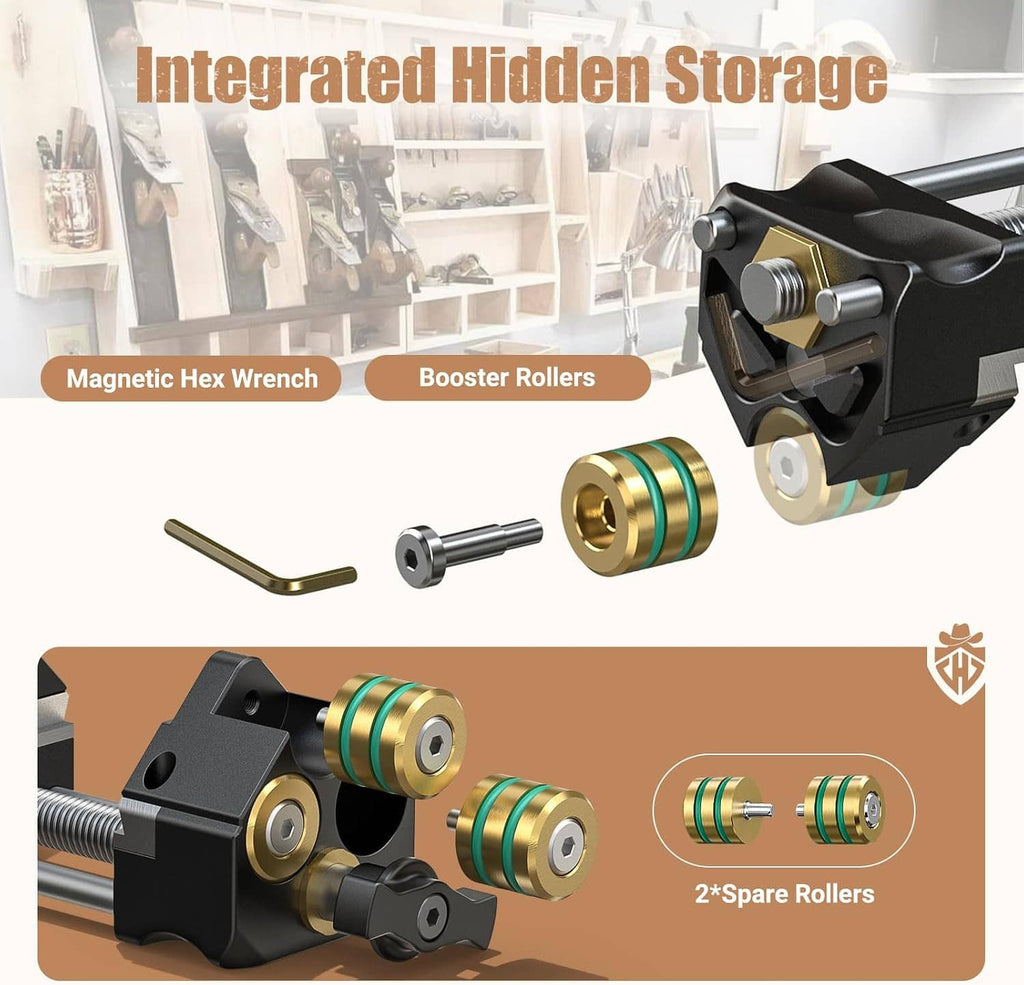 Black honing guide with handle, threaded rod, and integrated hidden storage bay