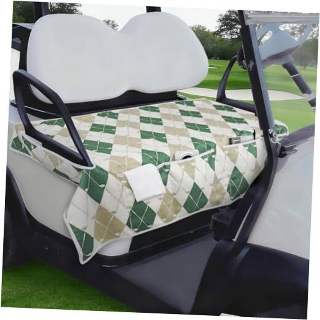 Golf cart seat cover with green diamond pattern over beige vinyl seat