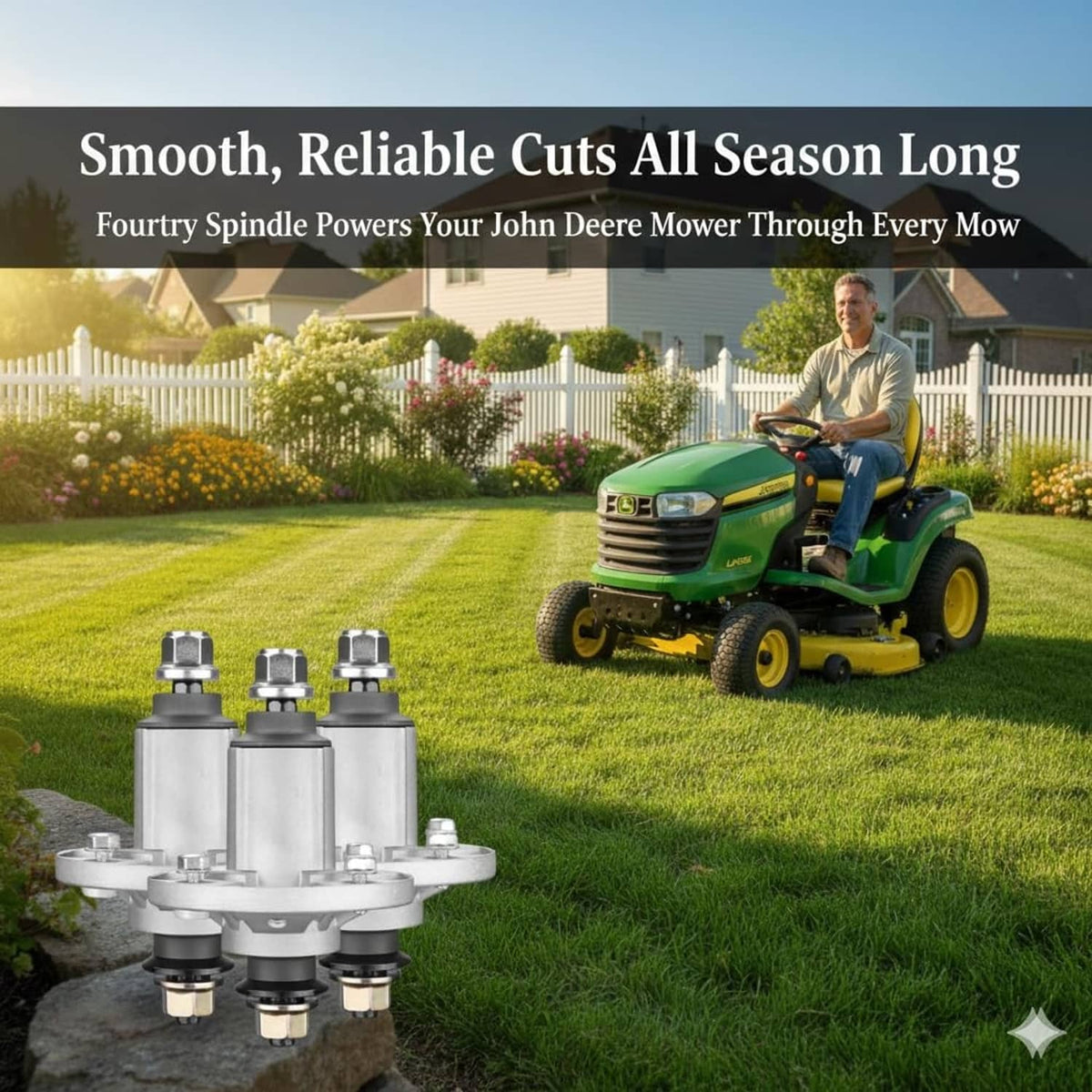 Lawn mower spindle assembly set with three units and mounting studs