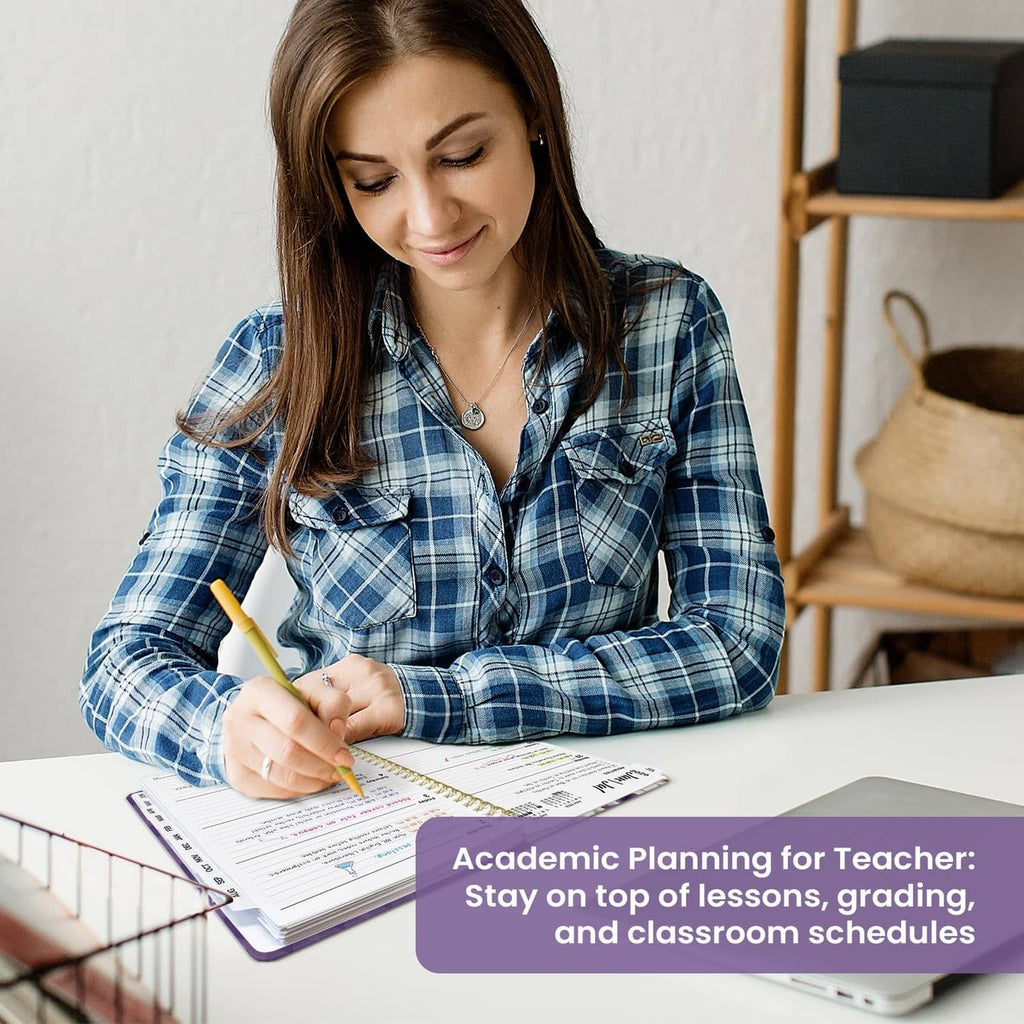 Teacher writing in a spiral academic planner with weekly pages open on desk
