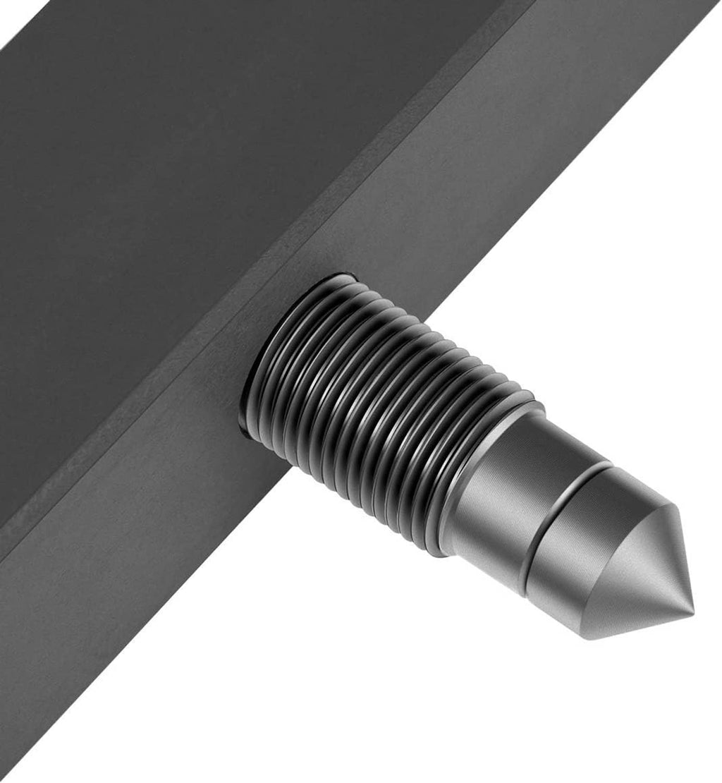 Threaded stud with pointed tip on dark metal plate
