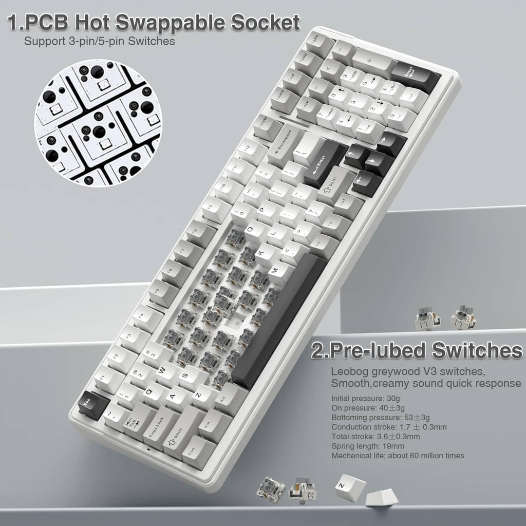 Mechanical keyboard top view showing hot-swappable switch sockets under white keycaps