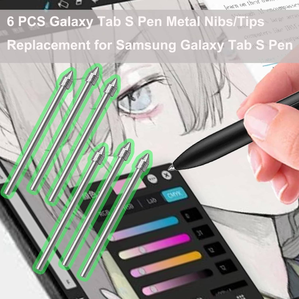 Metal replacement nib tips set with black stylus held in hand