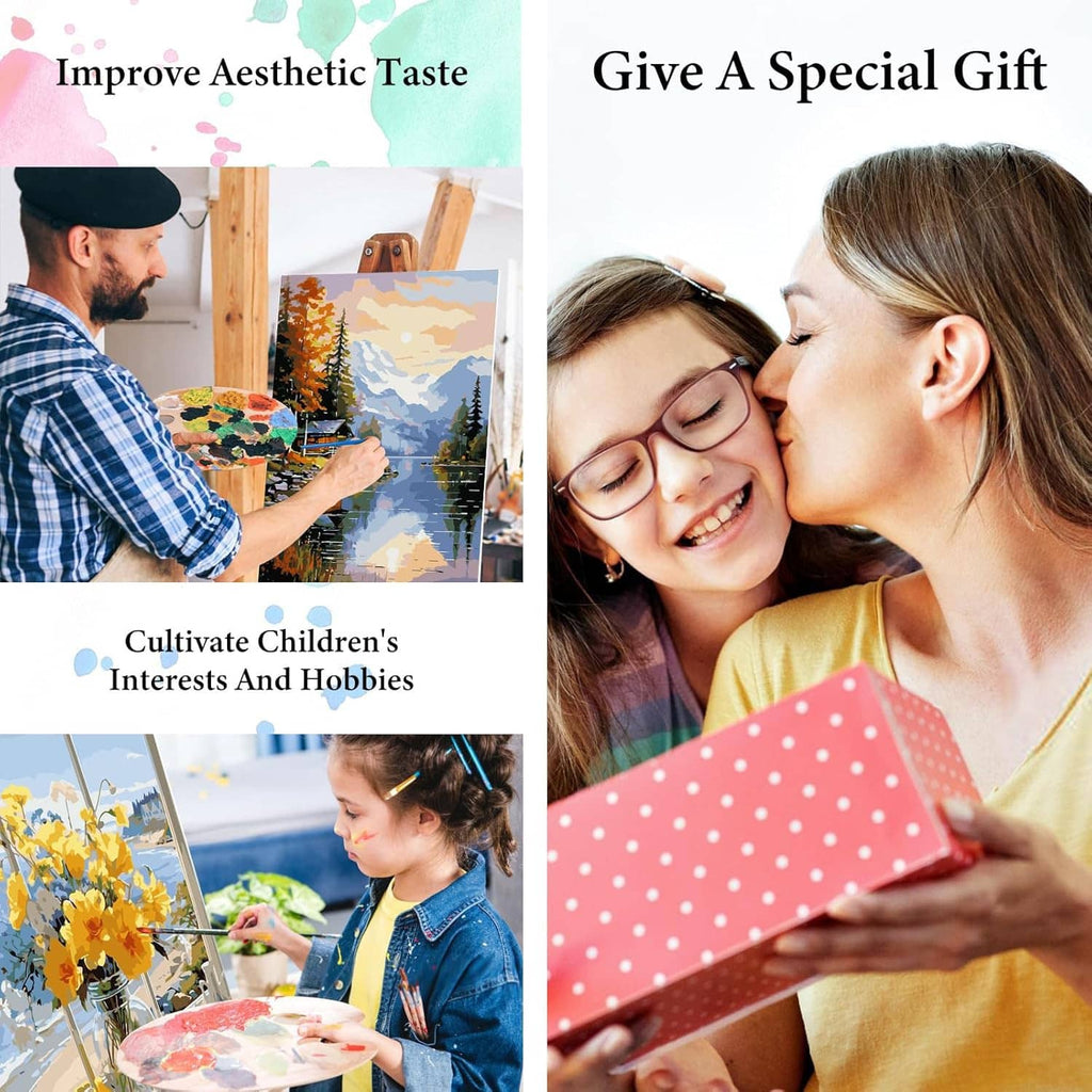 Paint-by-numbers kit for adults with people painting and a finished artwork