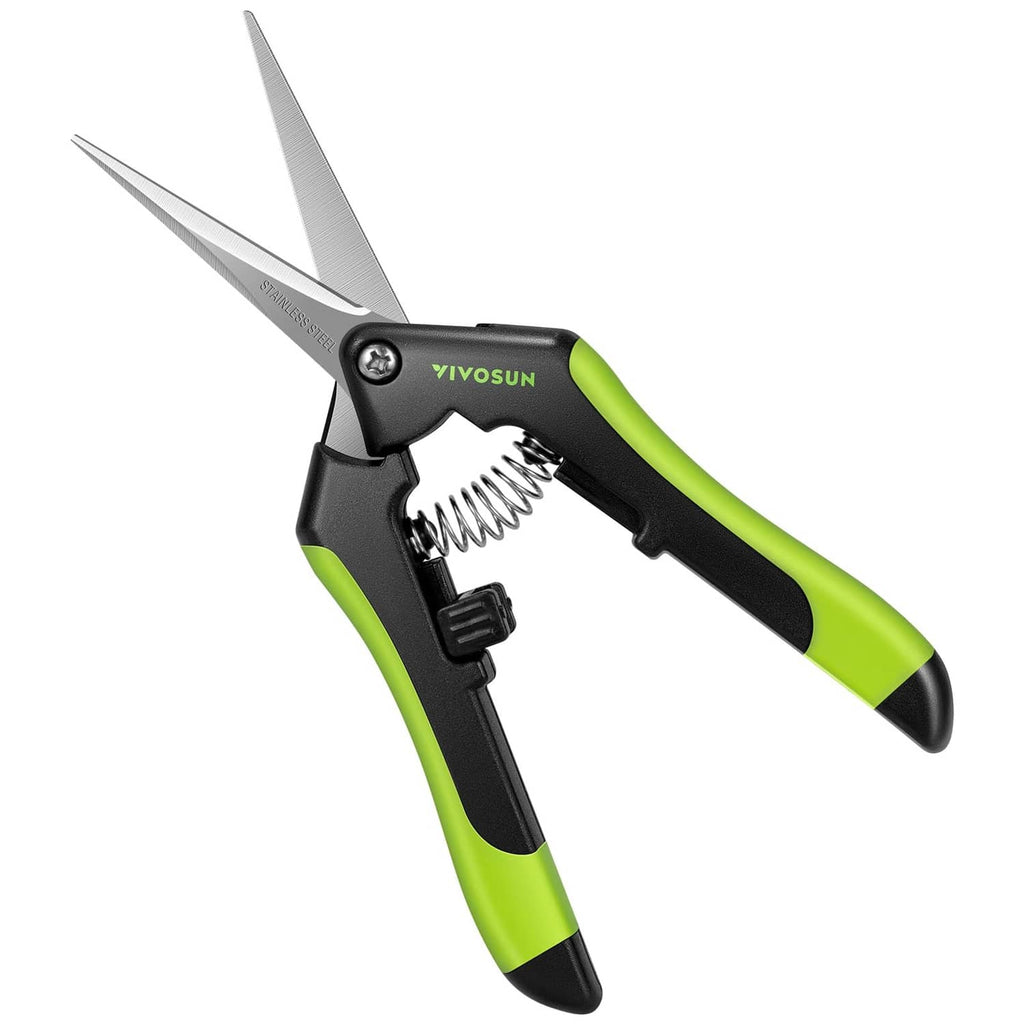 Garden scissors with black body, green grips, and stainless steel blades