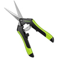 Garden scissors with black body, green grips, and stainless steel blades