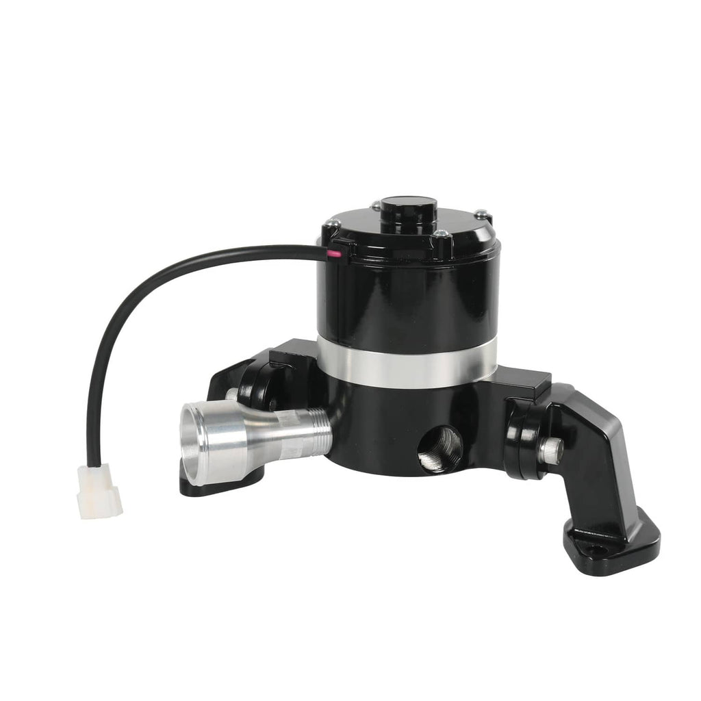 Black electric water pump with curved base, silver fitting, and power wire
