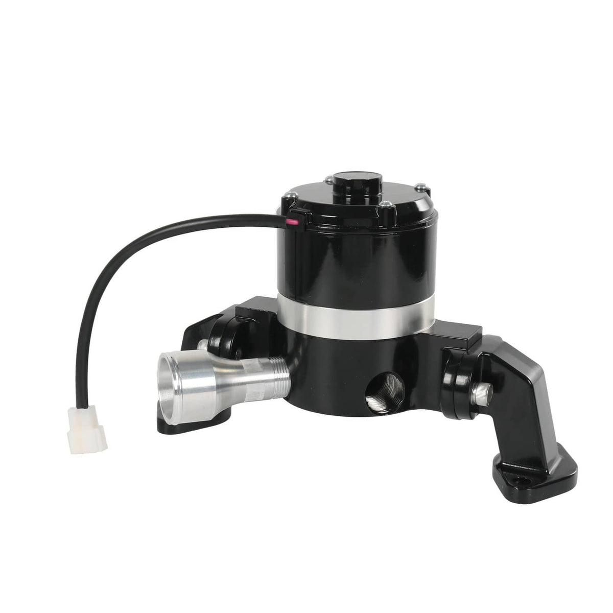 Black electric water pump with curved base, silver fitting, and power wire