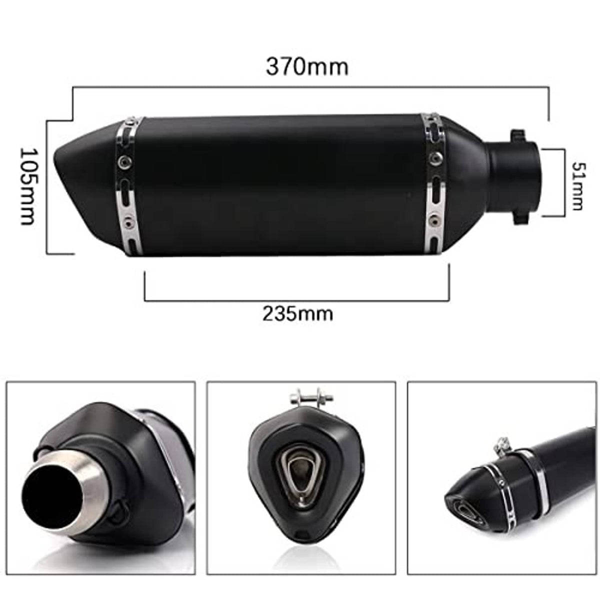 Black exhaust muffler with dimensions shown: 370mm length, 235mm width, inlet outlet